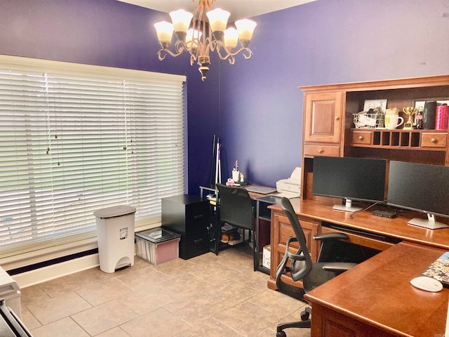 office featuring an inviting chandelier and light tile patterned floors