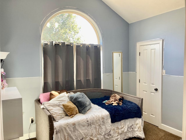 carpeted bedroom with vaulted ceiling