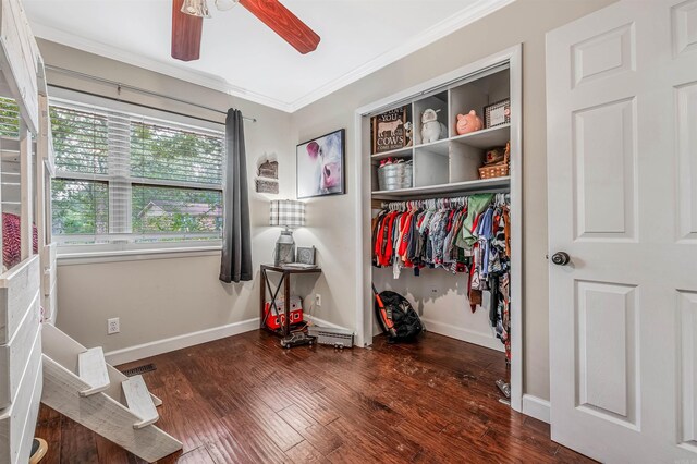 bedroom with ornamental molding, dark wood-type flooring, ceiling fan, and a closet