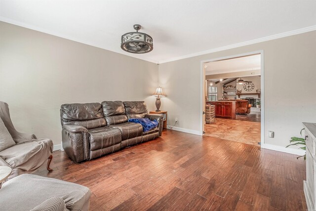 living room featuring ornamental molding and hardwood / wood-style flooring