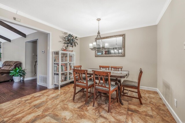 dining room featuring ornamental molding, wood-type flooring, beam ceiling, and an inviting chandelier