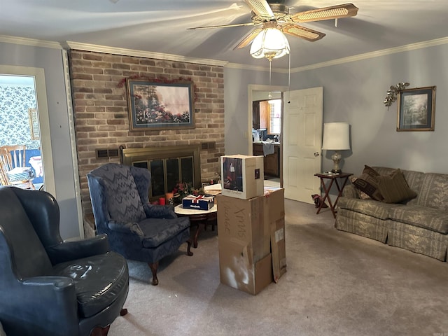 living room with crown molding, light carpet, and plenty of natural light