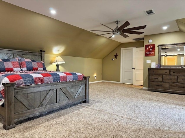 carpeted bedroom with vaulted ceiling and ceiling fan