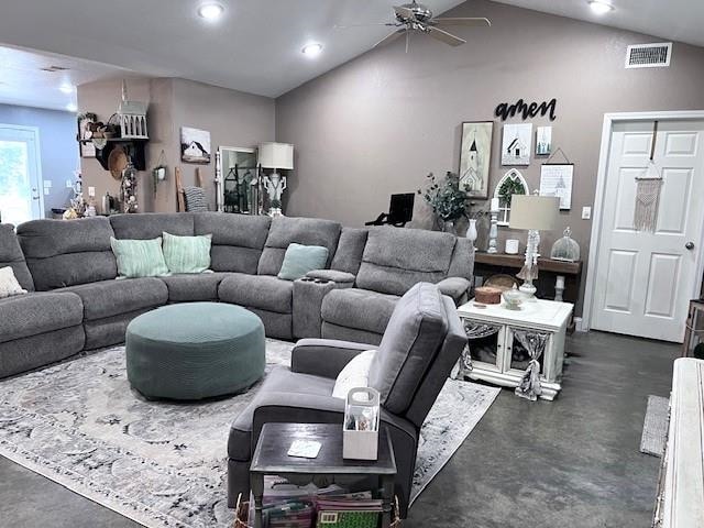 cinema room with lofted ceiling and ceiling fan