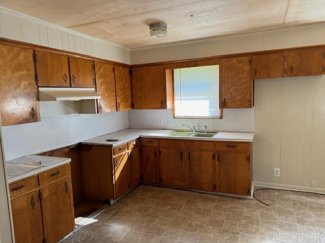 1912 Old County Rd, Pocahontas, AR 72455 - kitchen with light countertops, a sink, light floors, brown cabinetry, and under cabinet range hood
