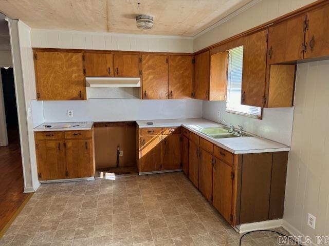 1912 Old County Rd, Pocahontas, AR 72455 - kitchen featuring brown cabinets, light countertops, under cabinet range hood, and a sink