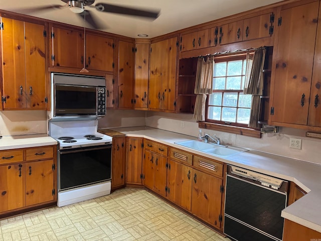 kitchen with black dishwasher, ceiling fan, sink, and white electric range