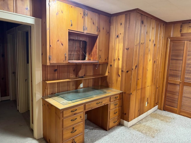 home office featuring wood walls and light colored carpet