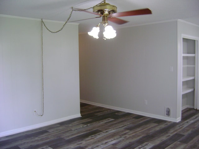 empty room featuring ornamental molding, ceiling fan, and dark hardwood / wood-style flooring