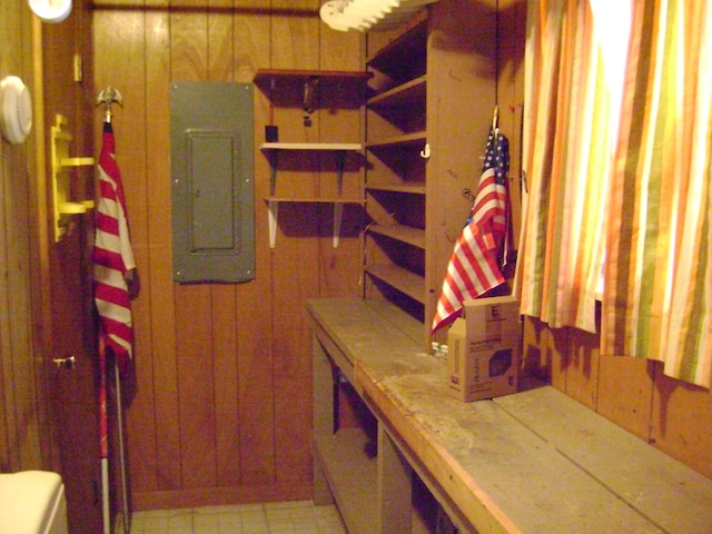 bathroom featuring electric panel and wooden walls