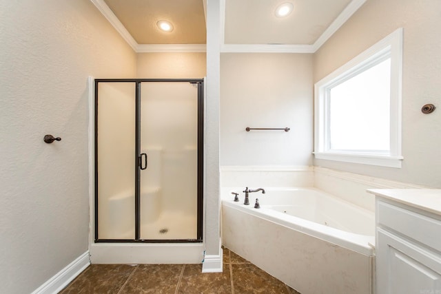 bathroom featuring ornamental molding, vanity, tile patterned flooring, and separate shower and tub