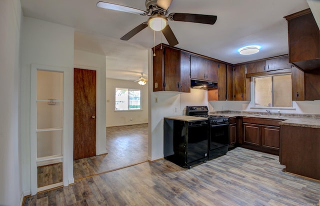 kitchen featuring black stove, light wood-type flooring, dark brown cabinets, ceiling fan, and sink