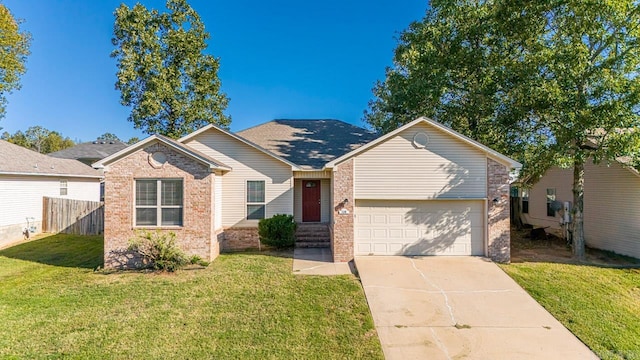 ranch-style house featuring a front lawn and a garage