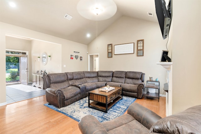 living room featuring wood-type flooring and lofted ceiling