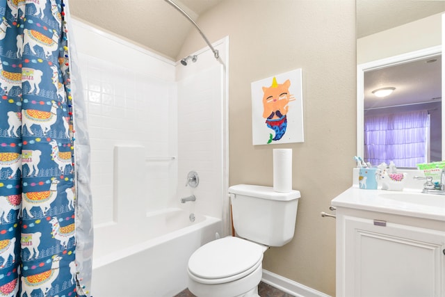 full bathroom featuring shower / tub combo with curtain, a textured ceiling, vanity, and toilet