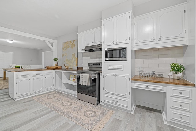 kitchen featuring decorative backsplash, light hardwood / wood-style floors, white cabinets, kitchen peninsula, and stainless steel appliances