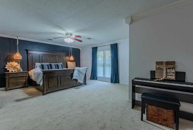 bedroom featuring ceiling fan, light colored carpet, and crown molding