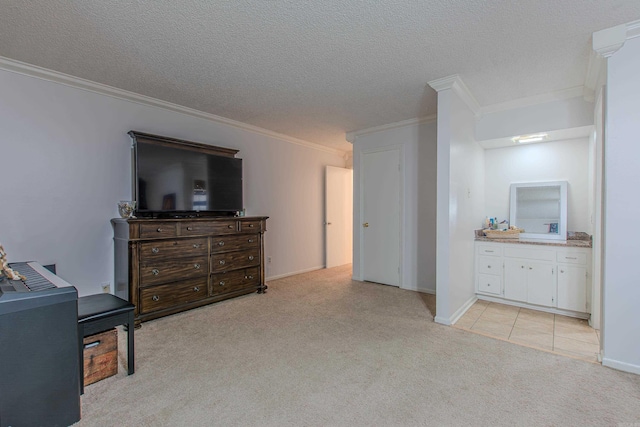 bedroom with light colored carpet, a textured ceiling, and ornamental molding