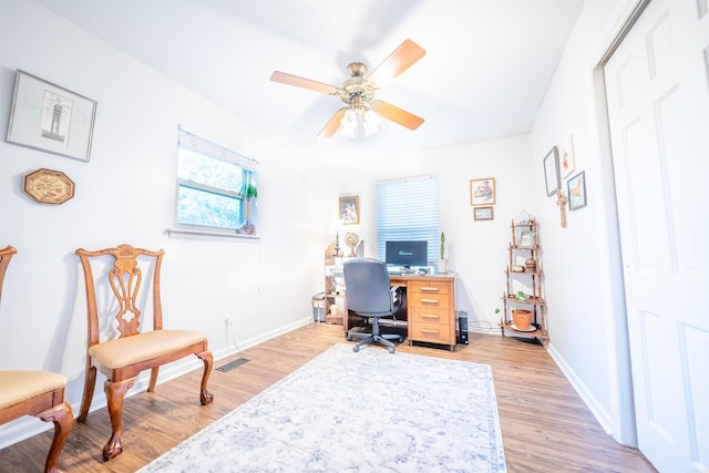 office space featuring light hardwood / wood-style flooring and ceiling fan