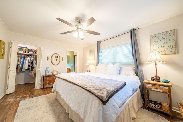 bedroom with a spacious closet, dark wood-type flooring, ceiling fan, and a closet