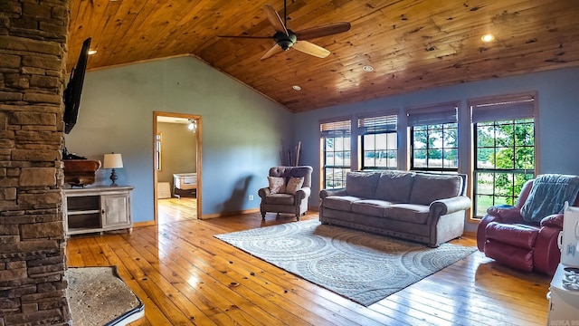 living room featuring ceiling fan, light hardwood / wood-style flooring, wood ceiling, and high vaulted ceiling