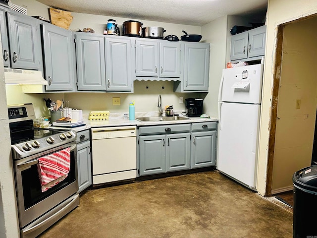 kitchen featuring gray cabinetry, white appliances, extractor fan, and sink