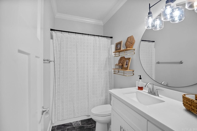 bathroom featuring ornamental molding, vanity, toilet, and a shower with shower curtain