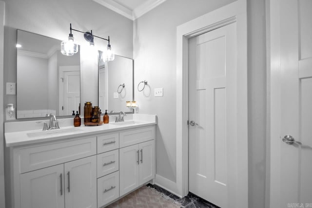 bathroom with vanity and crown molding