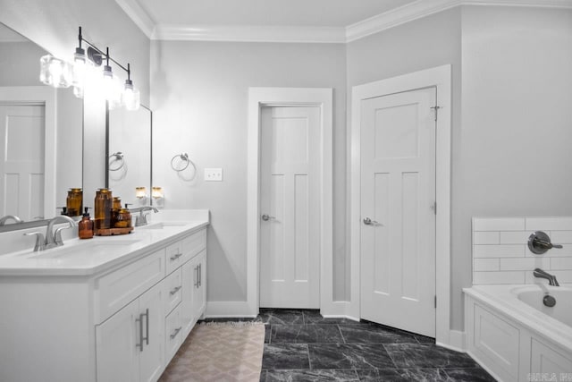 bathroom with a bath, crown molding, and vanity