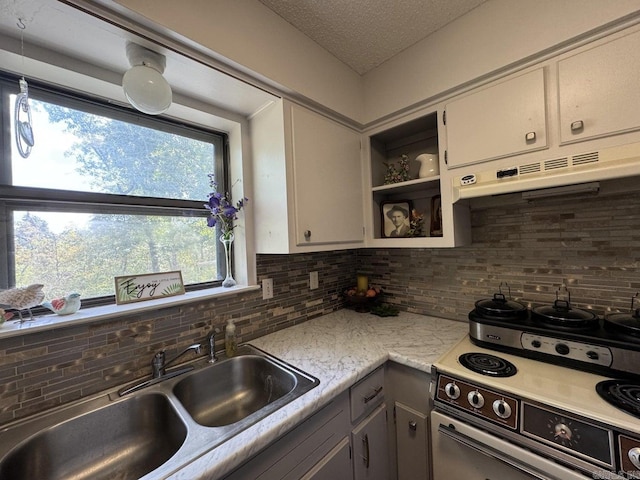 kitchen featuring decorative backsplash, white cabinets, exhaust hood, sink, and electric range