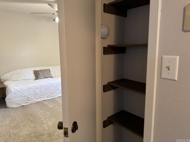 bedroom featuring ceiling fan and carpet flooring