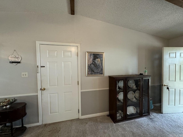 carpeted foyer entrance featuring a textured ceiling and vaulted ceiling