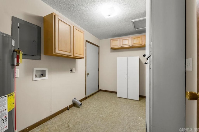 washroom featuring washer hookup, hookup for an electric dryer, a textured ceiling, cabinets, and water heater