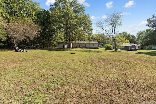 view of yard featuring a storage shed