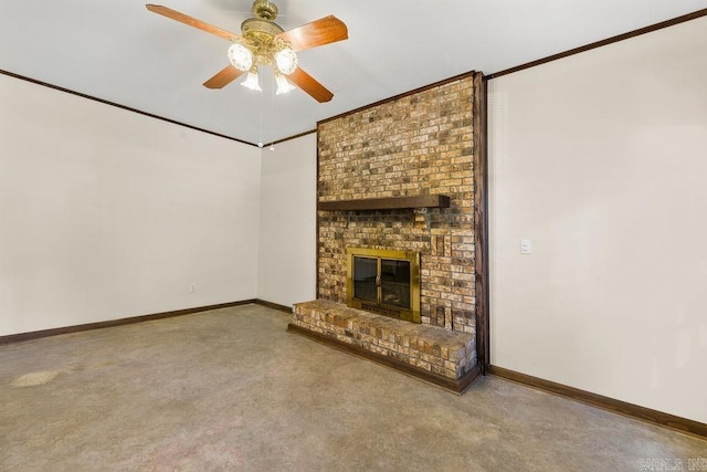 unfurnished living room with ornamental molding, a brick fireplace, ceiling fan, and carpet flooring