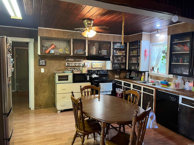 kitchen with ceiling fan, wood ceiling, sink, black appliances, and light wood-type flooring