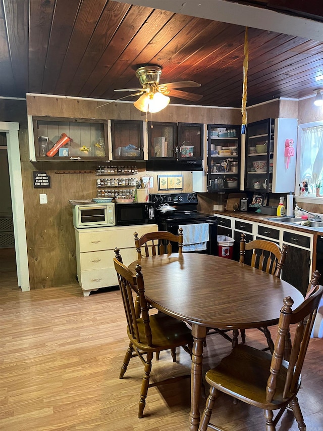 dining area featuring wood ceiling, wood walls, ceiling fan, light hardwood / wood-style flooring, and sink