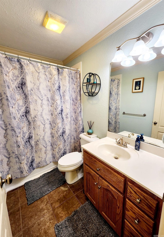 bathroom with tile patterned flooring, a textured ceiling, a shower with shower curtain, vanity, and toilet