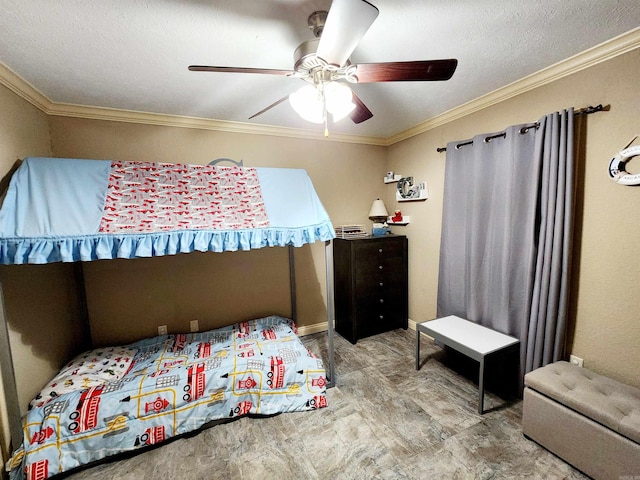 bedroom featuring a textured ceiling, crown molding, and ceiling fan