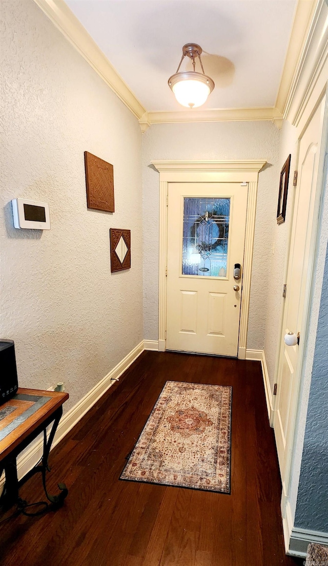 doorway featuring crown molding and dark hardwood / wood-style flooring