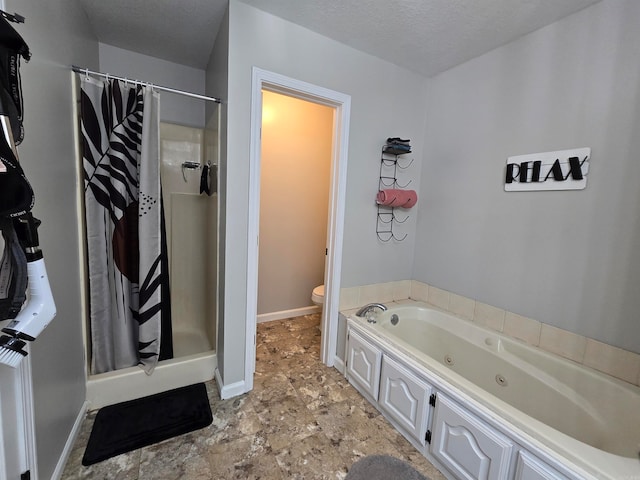 bathroom featuring independent shower and bath, a textured ceiling, and toilet