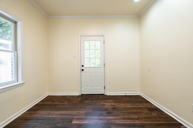 entryway featuring ornamental molding, dark wood-style flooring, and plenty of natural light