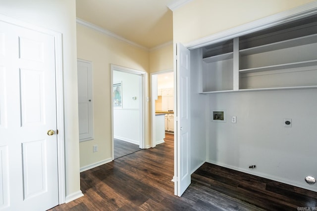 washroom featuring dark wood-style flooring, washer hookup, baseboards, ornamental molding, and electric dryer hookup