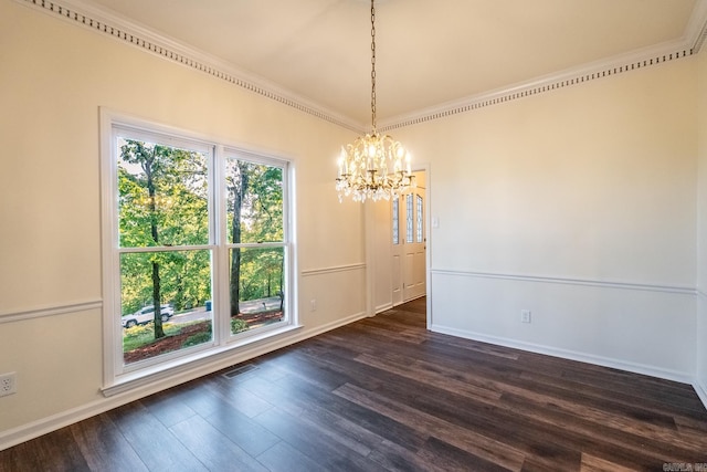 unfurnished dining area with dark wood-style floors, a chandelier, visible vents, and crown molding