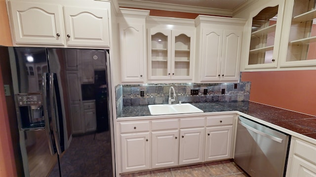 kitchen featuring sink, black refrigerator with ice dispenser, white cabinetry, and stainless steel dishwasher