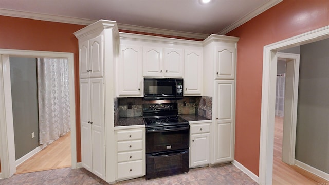 kitchen with tasteful backsplash, white cabinetry, black appliances, light tile patterned floors, and ornamental molding