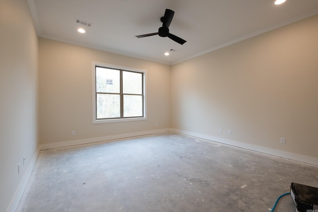 unfurnished room with ceiling fan and crown molding