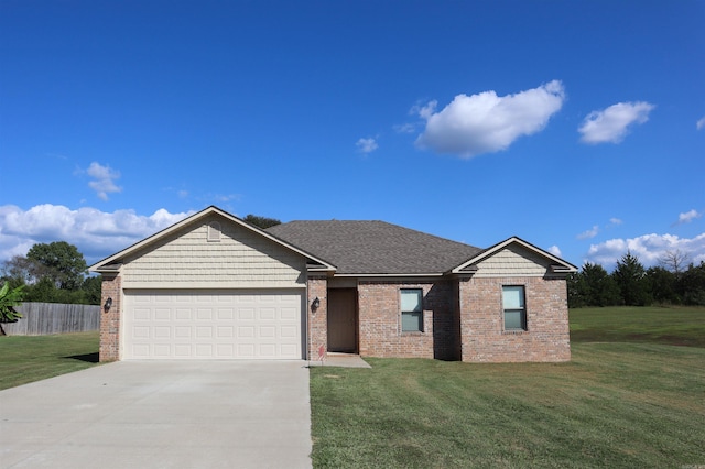 ranch-style home featuring a front yard and a garage