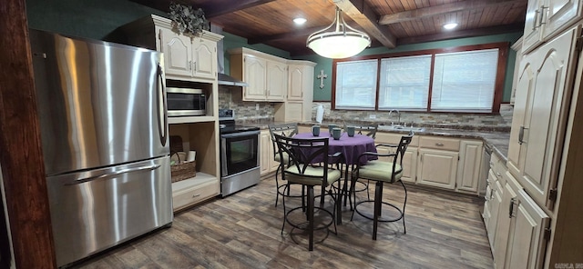 kitchen featuring wood ceiling, decorative backsplash, appliances with stainless steel finishes, and hanging light fixtures