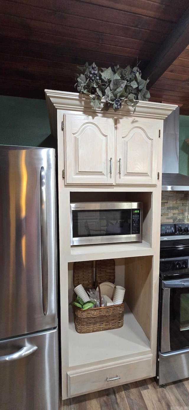 kitchen featuring wood ceiling, wood-type flooring, stainless steel appliances, and exhaust hood